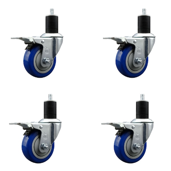Service Caster 3.5'' Blue Poly Swivel 1-3/4'' Expanding Stem Caster Set Total Lock Brake, 4PK SCC-EXTTL20S3514-PPUB-BLUE-134-4 - main